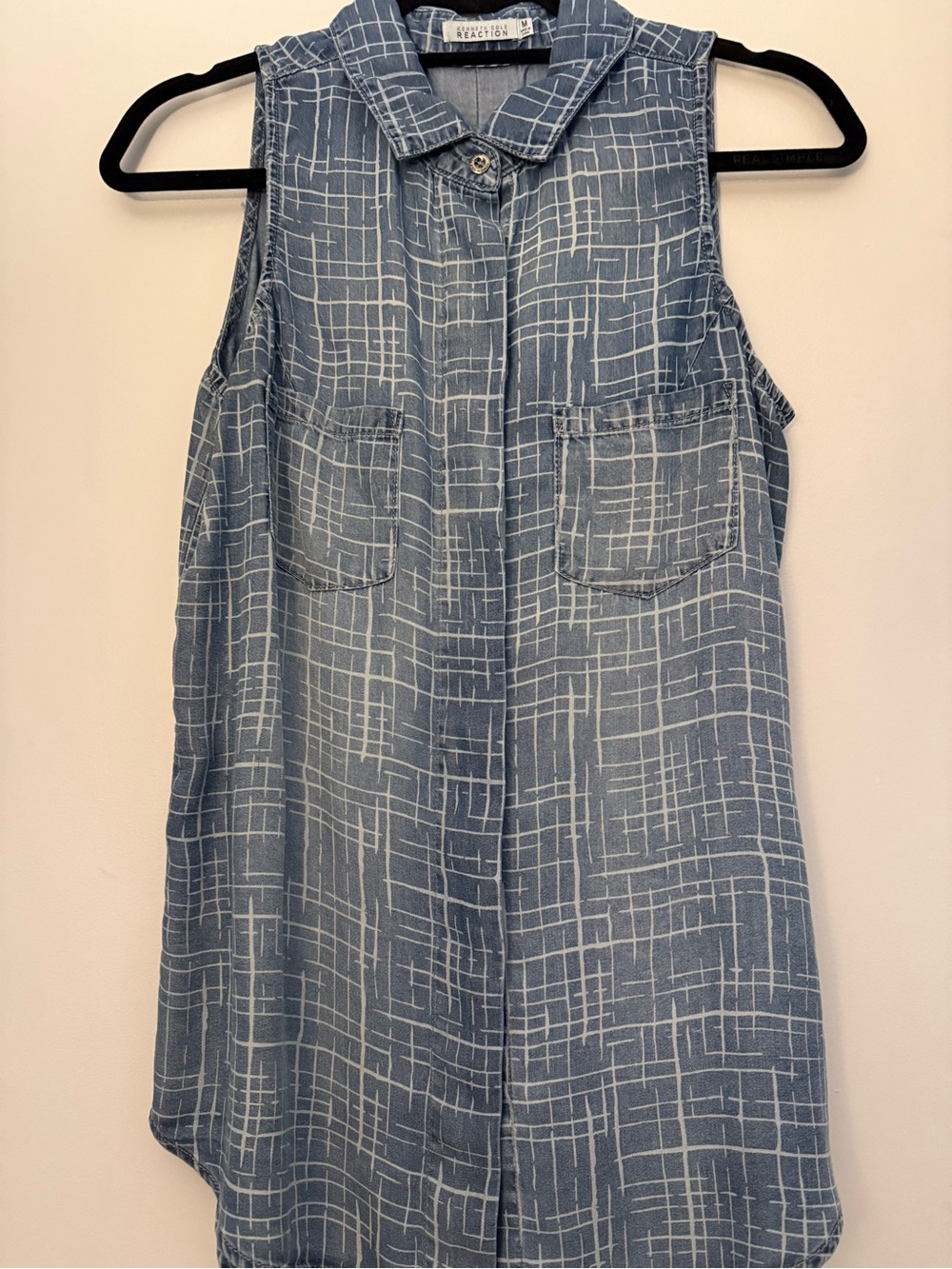 Kenneth Cole Reaction Blue Sleeveless Grid-Print Tank with Patch Pockets